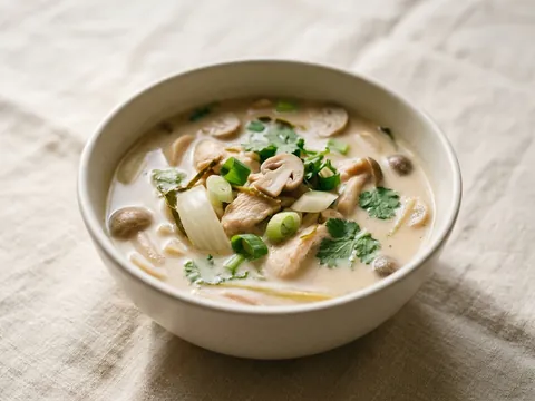 Illustration — tom kha gai: chicken, mushroom and scallion in coconut herbal broth.