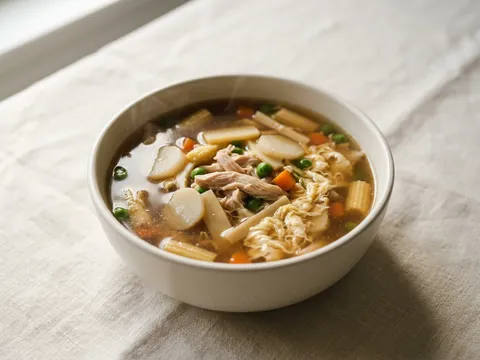 Illustration — hot and sour soup with chicken, bamboo, baby corn, peas and egg.