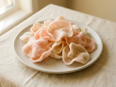 Illustration — a plate of puffy prawn crackers.