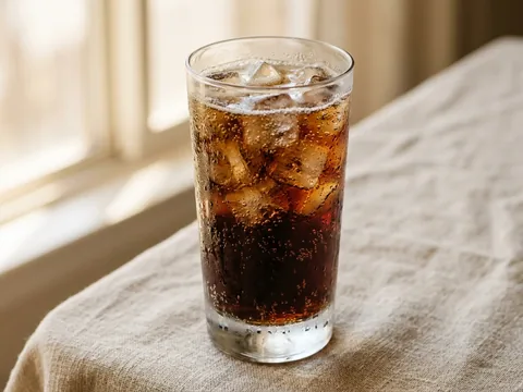 Illustration — a glass of chilled cola over ice.