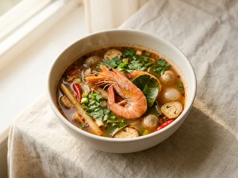 Illustration — tom yum with shrimp in a spicy sour broth.