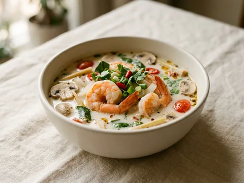 Illustration — tom kha with shrimp in a coconut herbal broth.