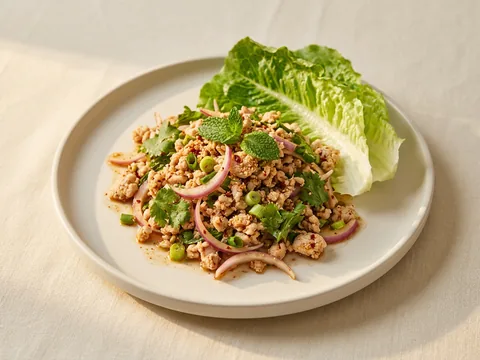 Illustration — larb: ground chicken with red onion, scallion and herbs, with lettuce.