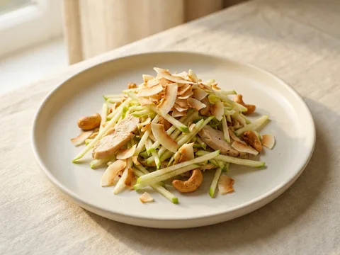 Illustration — apple salad: shredded apple, cashews and chicken in roasted coconut.