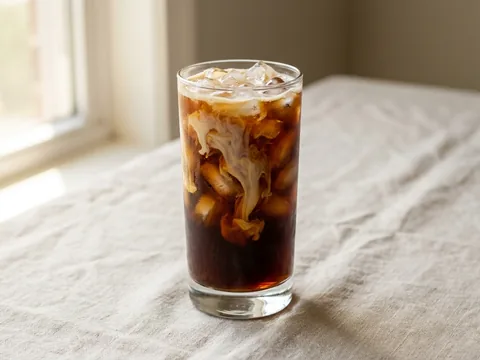 Illustration — a tall glass of iced coffee with condensed milk.