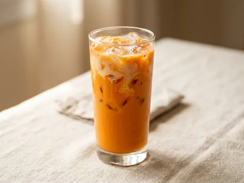 Illustration — a tall glass of orange Thai iced tea with condensed milk.