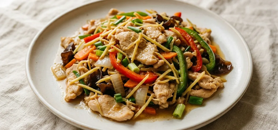 Illustration — pad khing: chicken with ginger, onion, mushroom, bell pepper, carrot and scallion in ginger sauce.